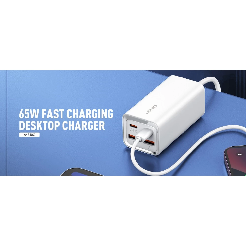 Зарядно устройство 220V LDNIO 65W - A4610, 2xUSB-A, 2xUSB-C, AC, Desktop 2500W Зарядно устройство 220V LDNIO 65W - A4610, 2xUSB-A, 2xUSB-C, AC, Desktop 2500W