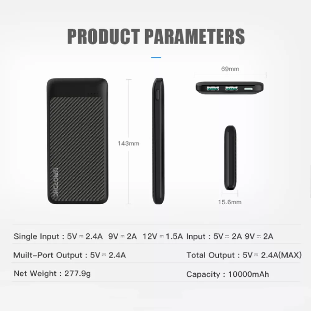 Външна батерия NORDIC Carbon Slim - 10 000 mAh, 18W, PD3, 2xQC3