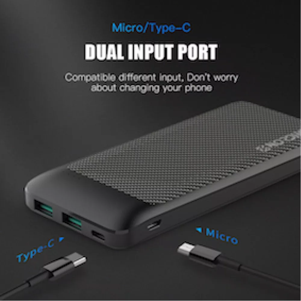 Външна батерия NORDIC Carbon Slim - 10 000 mAh, 18W, PD3, 2xQC3