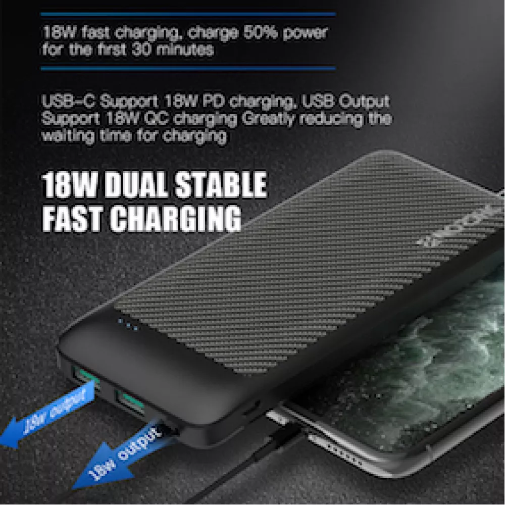 Външна батерия NORDIC Carbon Slim - 10 000 mAh, 18W, PD3, 2xQC3