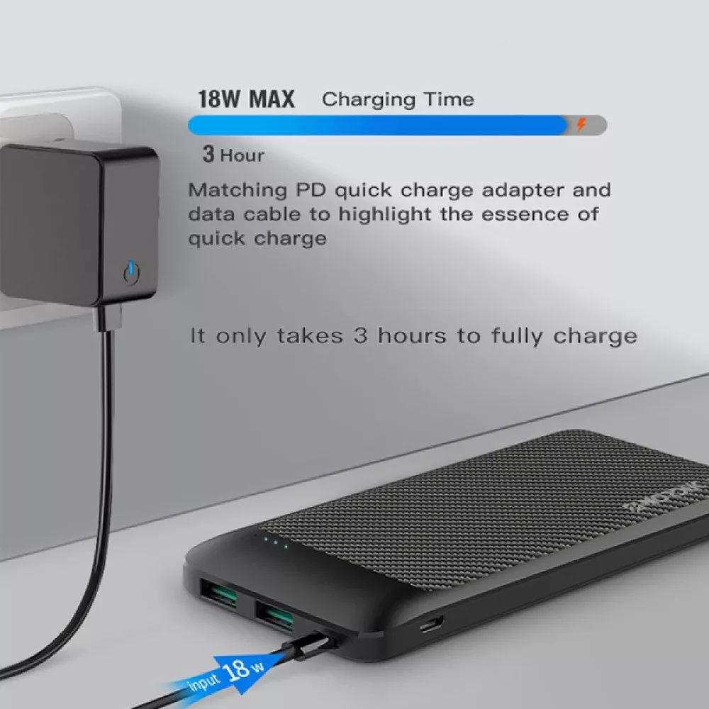 Външна батерия NORDIC Carbon Slim - 10 000 mAh, 18W, PD3, 2xQC3