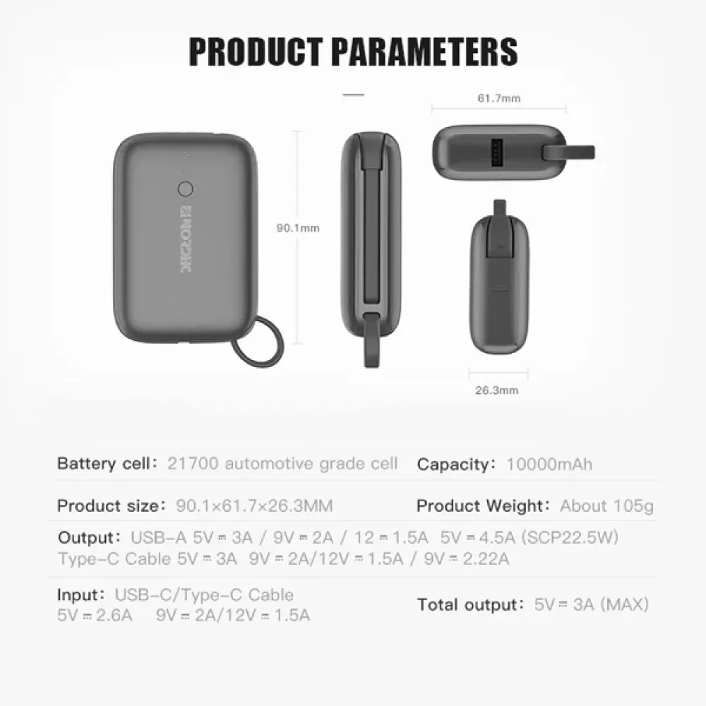 Външна батерия NORDIC Pocket - 10 000 mAh, 22.5W, PD3, QC3 + Type-C