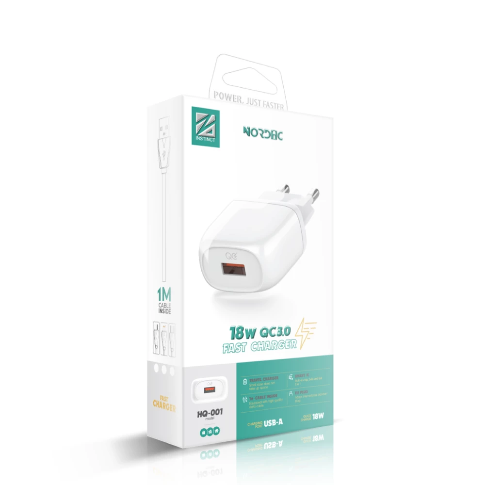 Зарядно устройство 220V NORDIC - HQ-001 18W, USB-A + Lightning кабел
