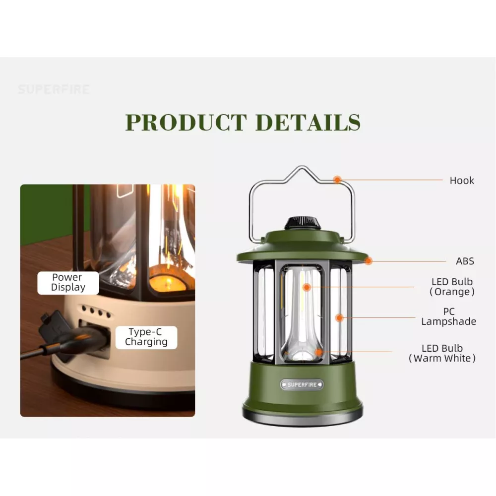 Къмпинг лампа + Външна батерия SUPERFIRE - T35, 220lm, USB