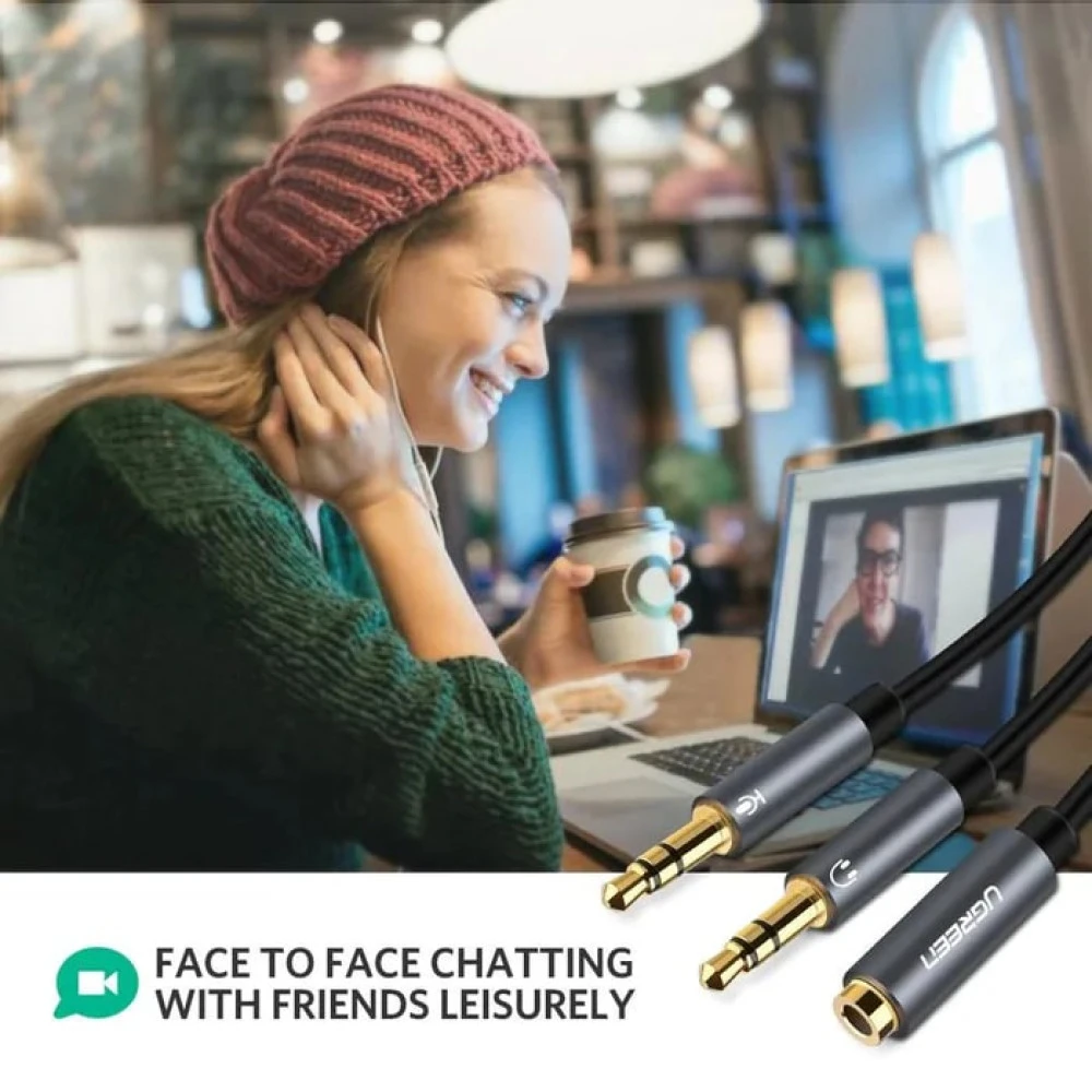 Aудио кабел UGREEN AV140/20899 - 2x AUX (мъжки) 3.5mm към 1x AUX (женски) 3.5mm, 0.20 метра