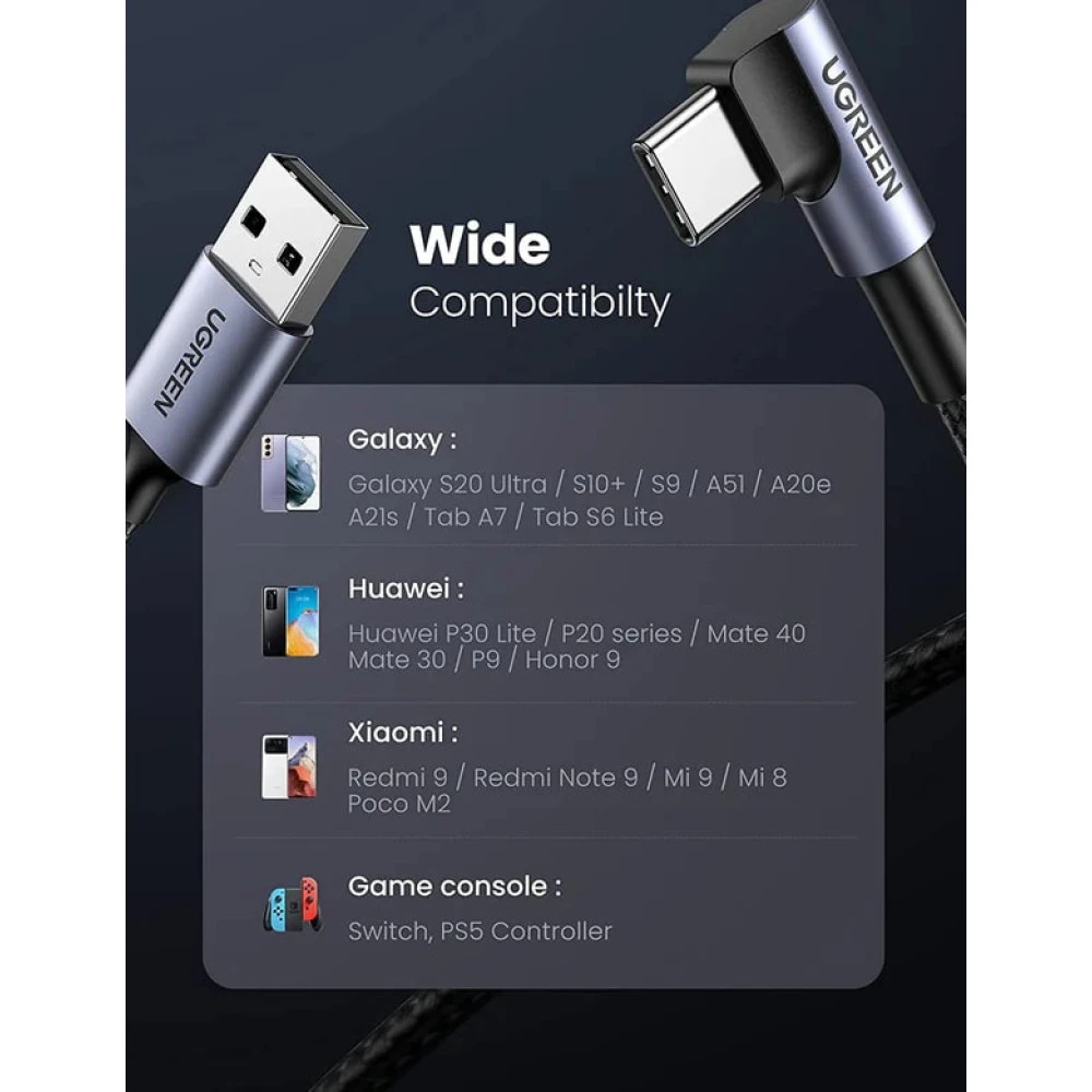 Кабел UGREEN 3A, USB-A - Type-C, US284/50942, 2 метра