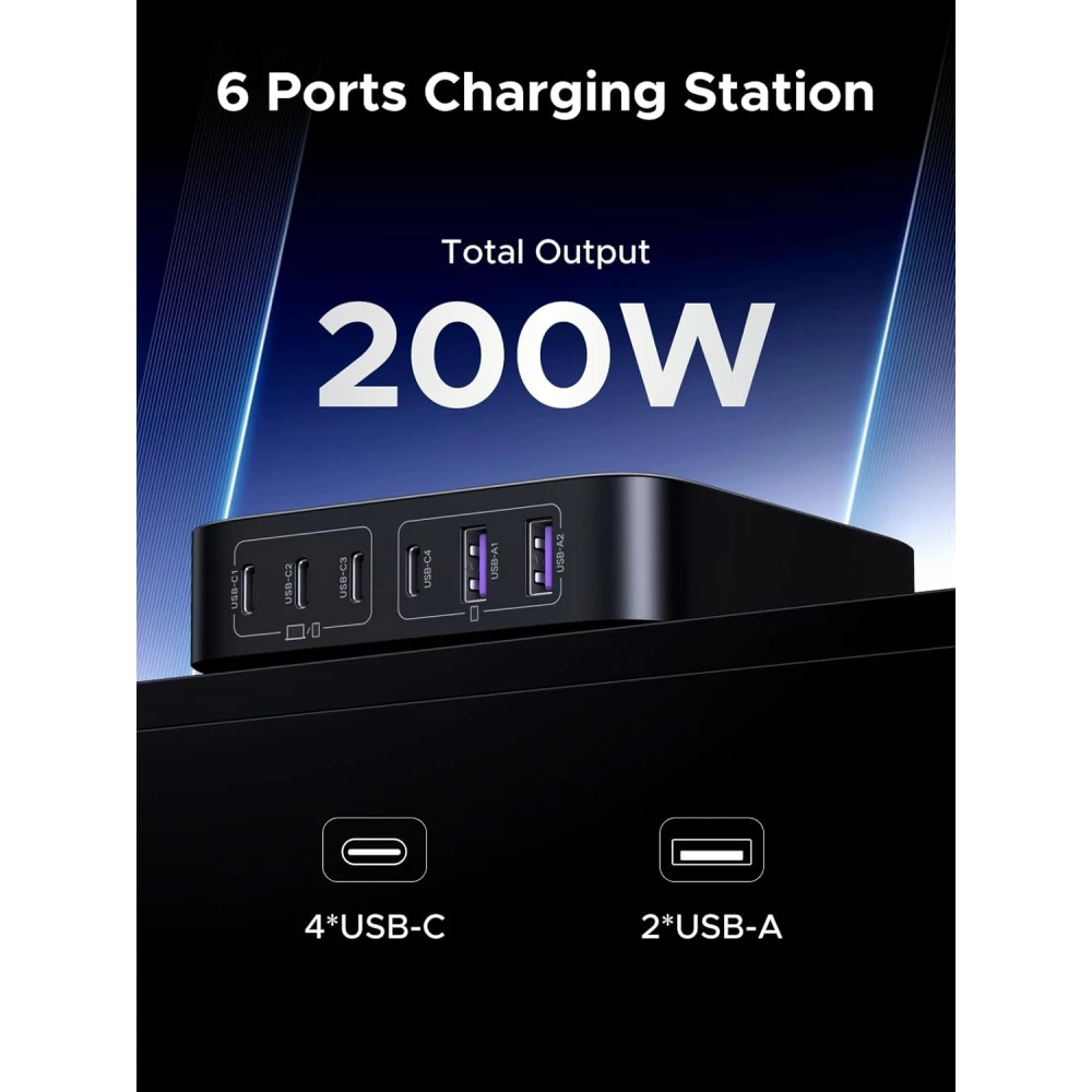Зарядно устройство 220V UGREEN CD271/40914, 200W,  2xUSB-A, 4xUSB-C, Desktop Station GaN
