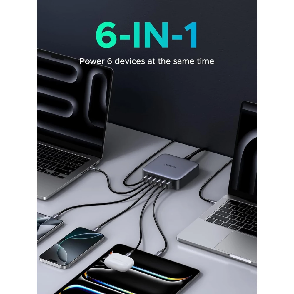 Зарядно устройство 220V UGREEN CD271/40914, 200W,  2xUSB-A, 4xUSB-C, Desktop Station GaN