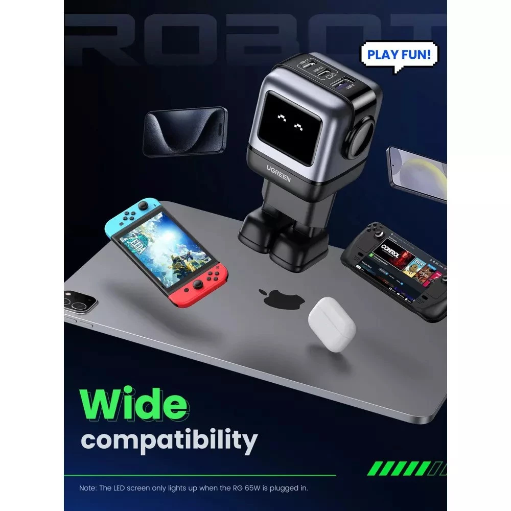 Зарядно устройство 220V UGREEN CD361/25685B, 65W, USB-A, 2xUSB-C, Nexode RG Robot GaN