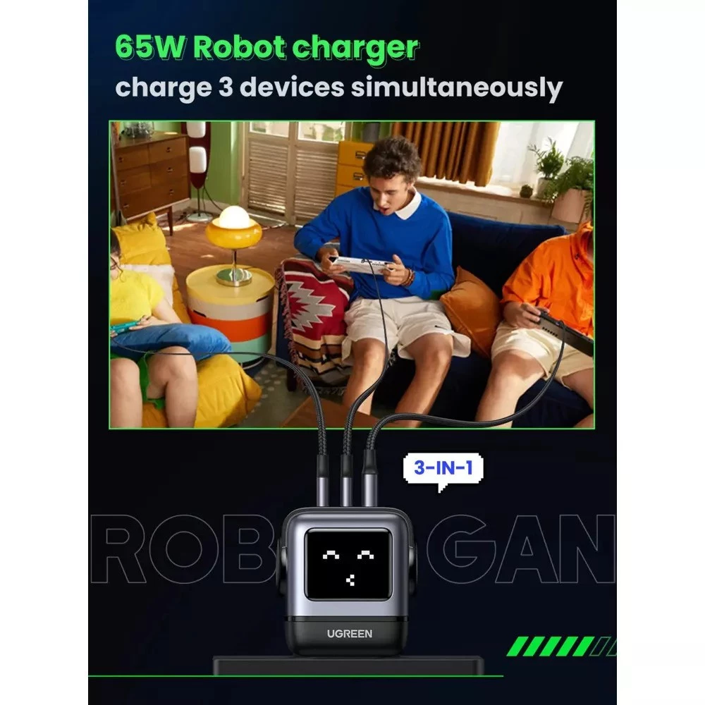 Зарядно устройство 220V UGREEN CD361/25685B, 65W, USB-A, 2xUSB-C, Nexode RG Robot GaN