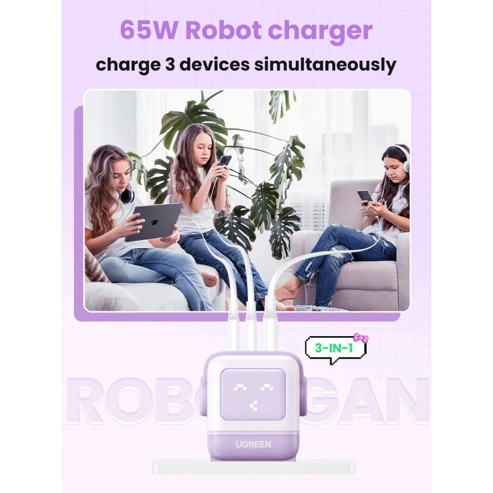 Зарядно устройство 220V UGREEN CD361/35291, 65W, USB-A, 2xUSB-C, Nexode RG Robot GaN