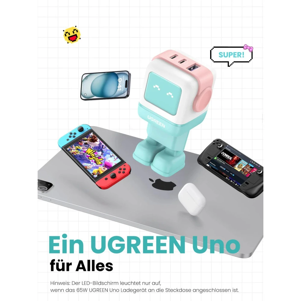 Зарядно устройство 220V UGREEN CD361/35855, 65W, USB-A, 2xUSB-C, Nexode RG Robot GaN