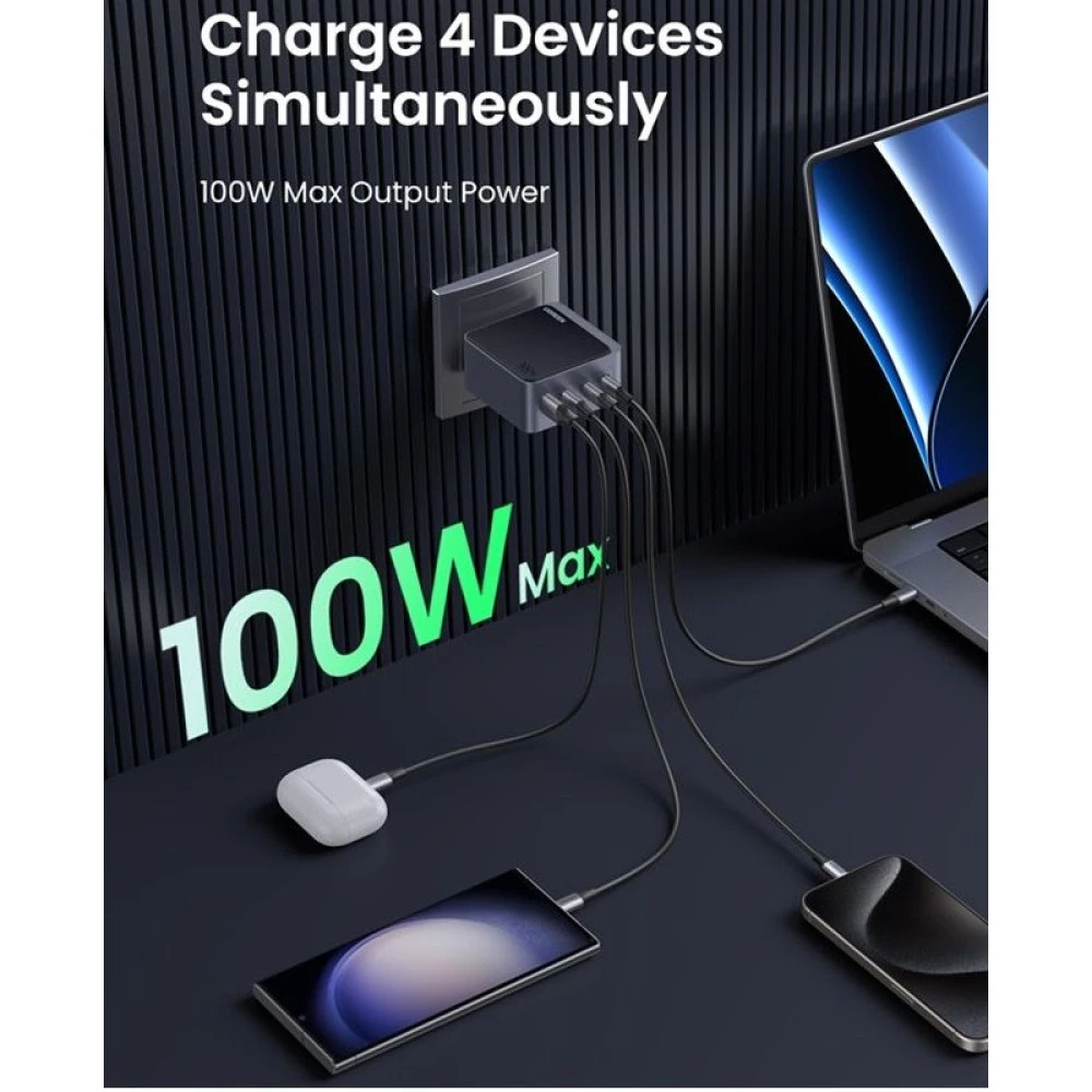 Зарядно устройство 220V UGREEN Nexode Air S GaN - X565/35043, 100W, USB-A, 3xUSB-C