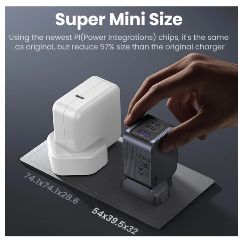 Зарядно устройство 220V UGREEN Nexode Pro GaN - X755/25871, 65W, USB-A, 2xUSB-C + кабел Type-C към Type-C