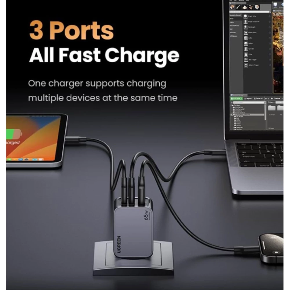 Зарядно устройство 220V UGREEN Nexode Pro GaN - X755/25871, 65W, USB-A, 2xUSB-C + кабел Type-C към Type-C
