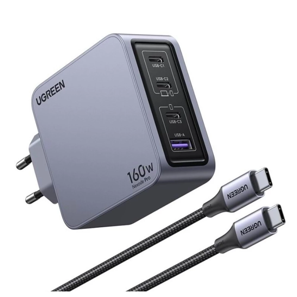 Зарядно устройство 220V UGREEN Nexode Pro GaN - X763/25877, 160W, USB-A, 3xUSB-C + кабел Type-C към Type-C