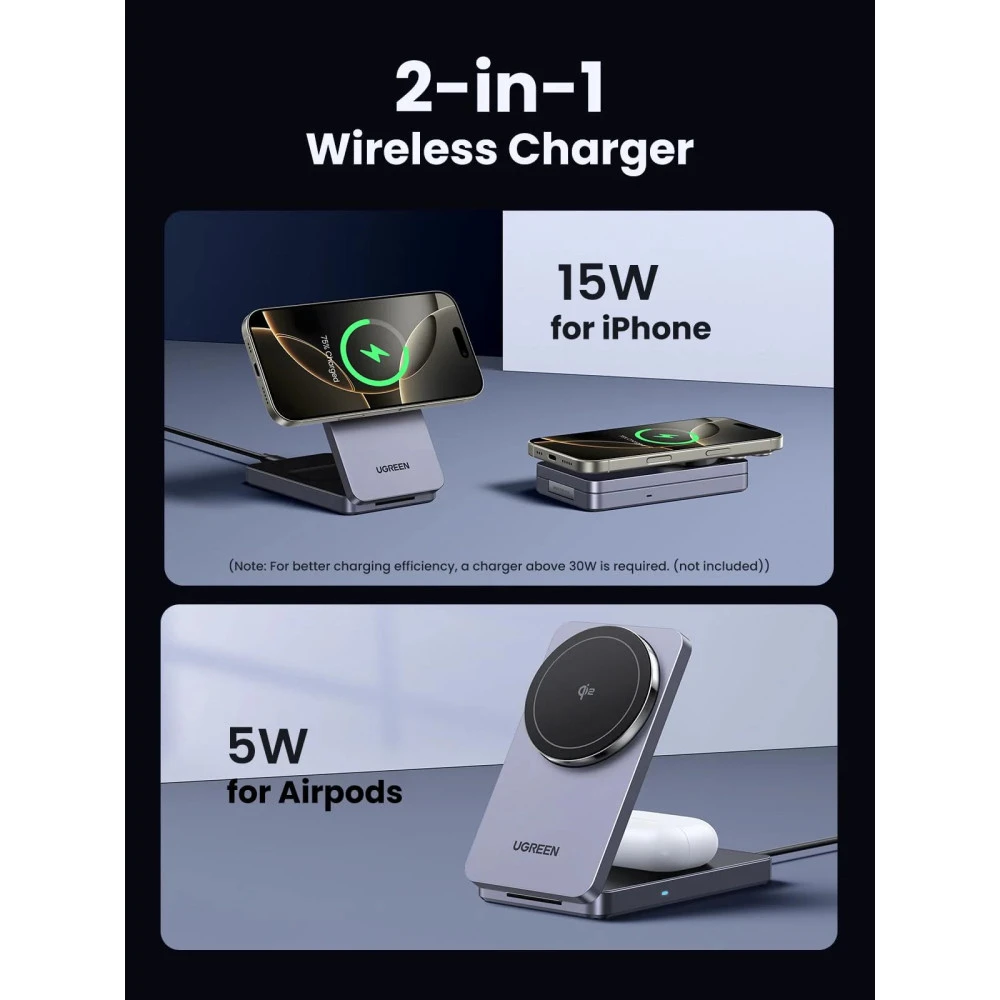 2-в-1 Холдер + Зарядна станция UGREEN Wireless Magnetic - W706/45023