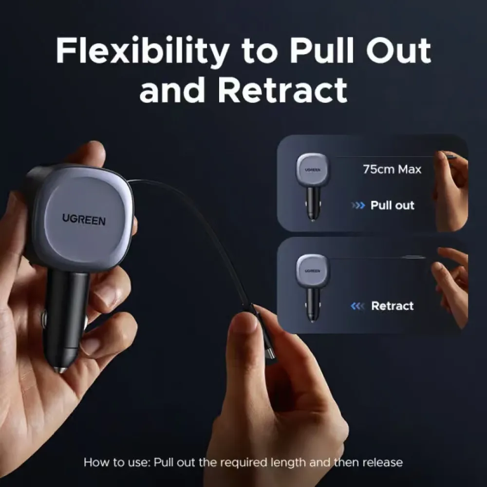 Зарядно за автомобил 12V UGREEN 12V 75W, USB-A + USB-C + кабел C, GaN - (EC601 / 55653)