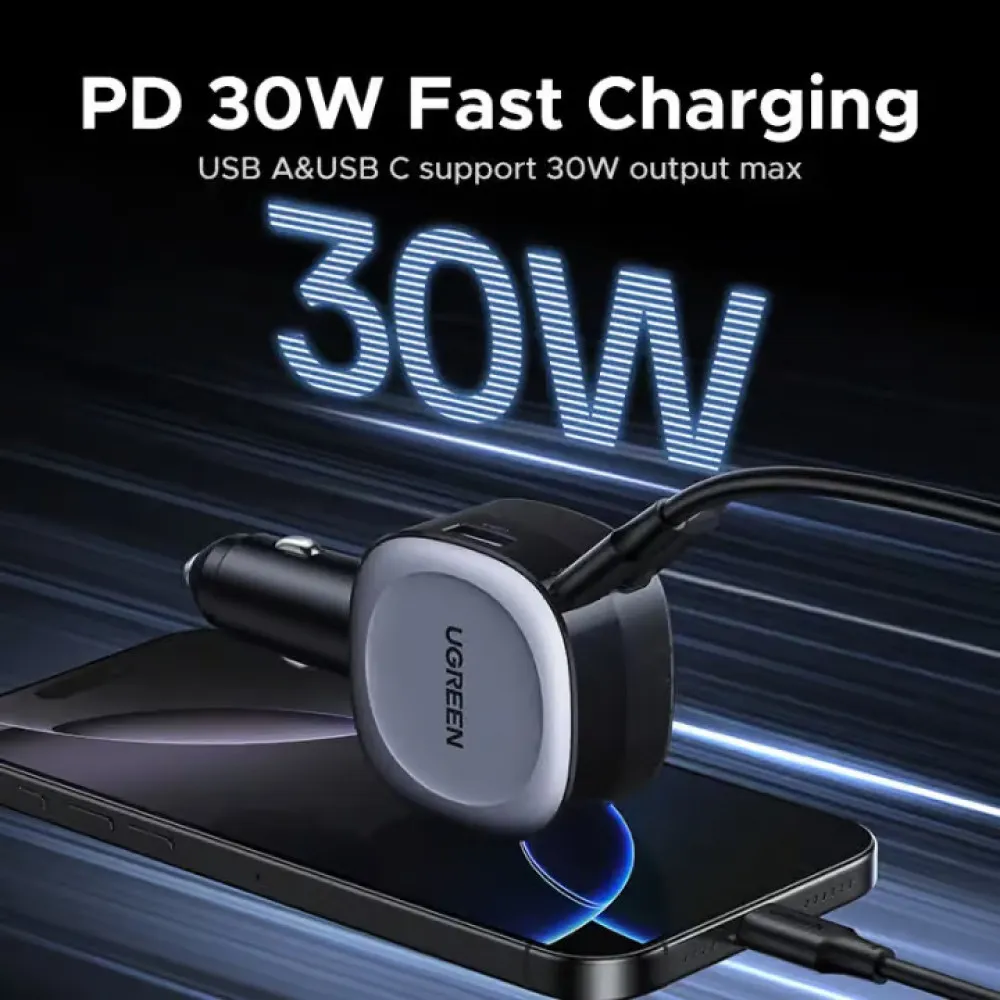 Зарядно за автомобил 12V UGREEN 12V 75W, USB-A + USB-C + кабел C, GaN - (EC601 / 55653)