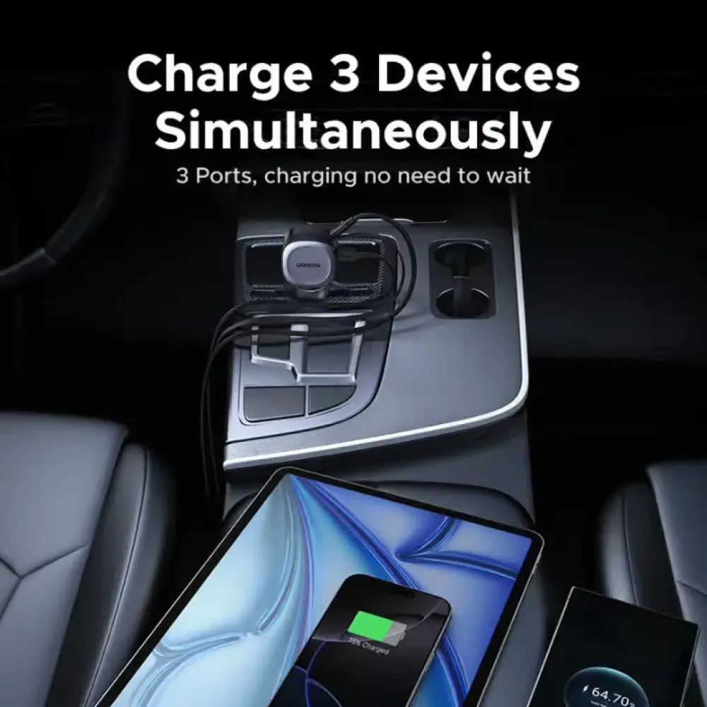 Зарядно за автомобил 12V UGREEN 12V 75W, USB-A + USB-C + кабел C, GaN - (EC601 / 55653)