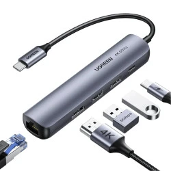 Мултифункционален хъб UGREEN CM418/10919 5в1 от Type-C към 2xUSB-A, USB-C, HDMI, RJ45