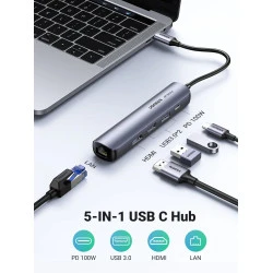 Мултифункционален хъб UGREEN CM418/10919 5в1 от Type-C към 2xUSB-A, USB-C, HDMI, RJ45