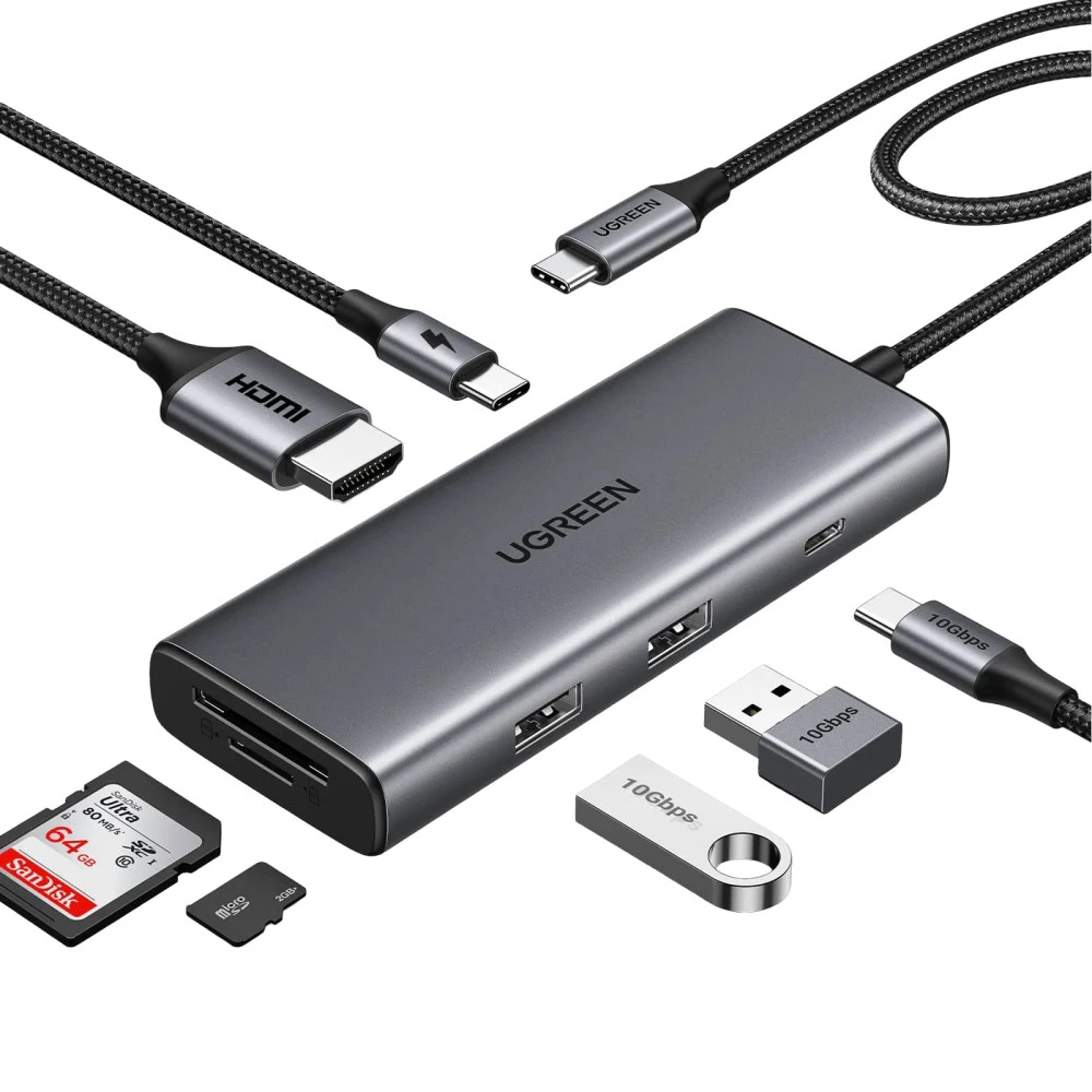 Хъб UGREEN Revodok Pro 107 CM498/15531 7в1 от Type-C към HDMI, 2xUSB-A, 2xUSB-C, SD card, MicroSD card