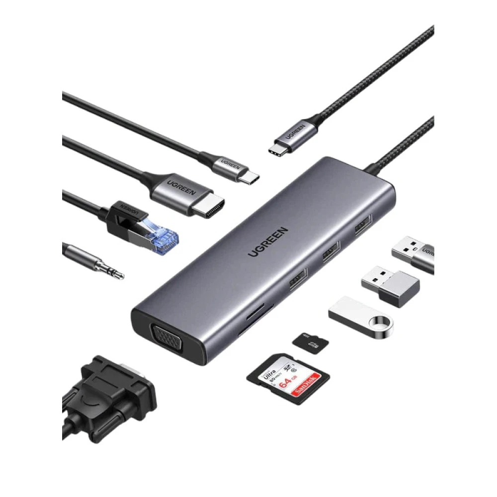 Хъб UGREEN Revodok CM498/15601 10в1 от Type-C към 3xUSB-A, USB-C, HDMI, VGA, RJ45, 3.5mm Jack, SD card, TF (MicroSD) card