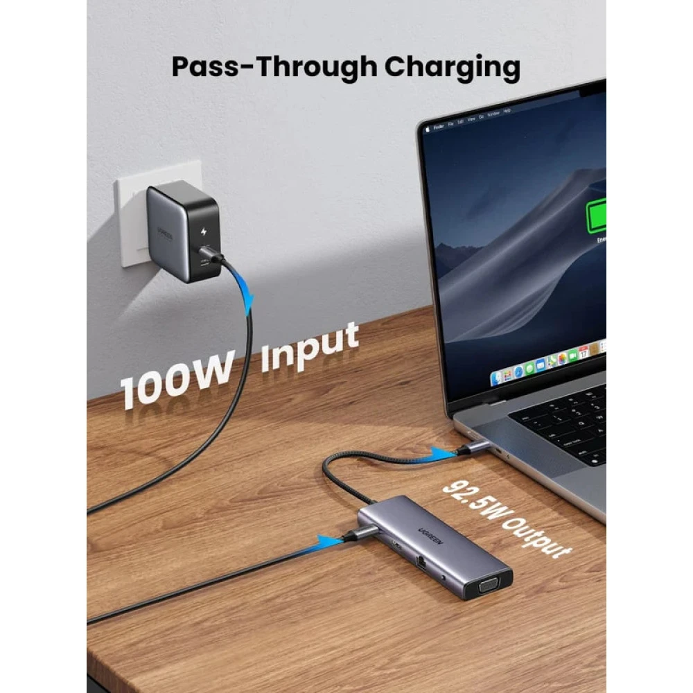 Хъб UGREEN Revodok CM498/15601 10в1 от Type-C към 3xUSB-A, USB-C, HDMI, VGA, RJ45, 3.5mm Jack, SD card, TF (MicroSD) card