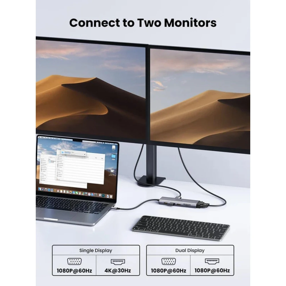 Хъб UGREEN Revodok CM498/15601 10в1 от Type-C към 3xUSB-A, USB-C, HDMI, VGA, RJ45, 3.5mm Jack, SD card, TF (MicroSD) card