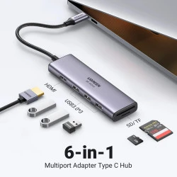 Мултифункционален хъб UGREEN CM511/60383 6в1 от Type-C към 3xUSB-A, HDMI, SD card, MicroSD card