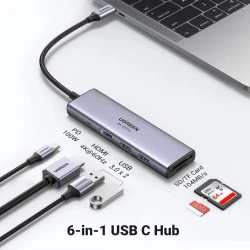 Мултифункционален хъб UGREEN CM511/60384 6в1 от Type-C към 2xUSB-A, USB-C, HDMI, SD card, MicroSD card