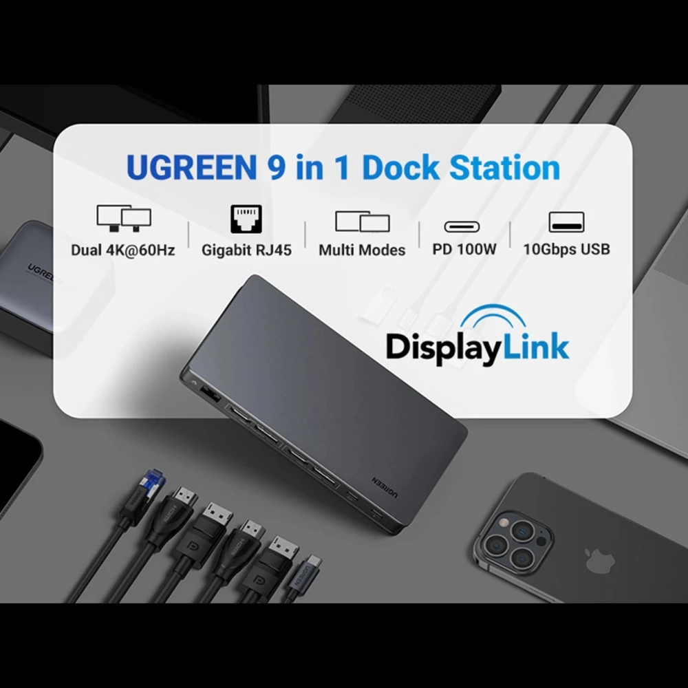 Мултифункционален хъб UGREEN Revodok Pro 209 CM615/90912 9в1 - 2xUSB-A, 2xUSB-C, 2xHDMI, 2xDisplayPort, RJ45 (LAN)