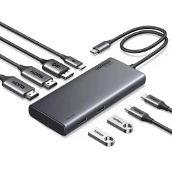 Мултифункционален хъб UGREEN CM639/35625 8в1 от Type-C към 2xHDMI, USB-A 3.0, 2xUSB-A 2.0, USB-C 3.0, SD, microSD (TF), RJ45 1000 Mbps