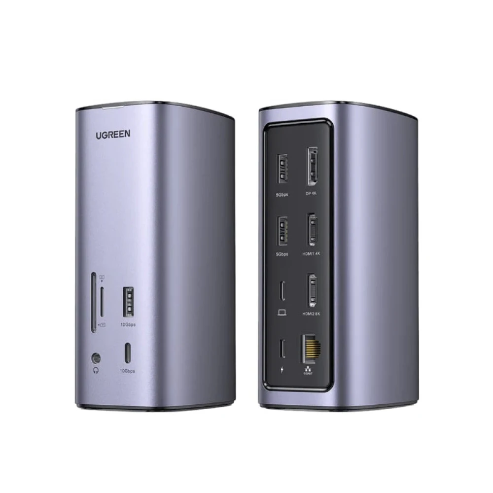 Докинг станция UGREEN CM555/90325 12в1 - 3xHDMI, DisplayPort, 3xUSB-A, USB-C, RJ45, SD, MicroSD (TF), AUX