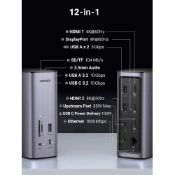 Докинг станция UGREEN CM555/90325 12в1 - 3xHDMI, DisplayPort, 3xUSB-A, USB-C, RJ45, SD, MicroSD (TF), AUX