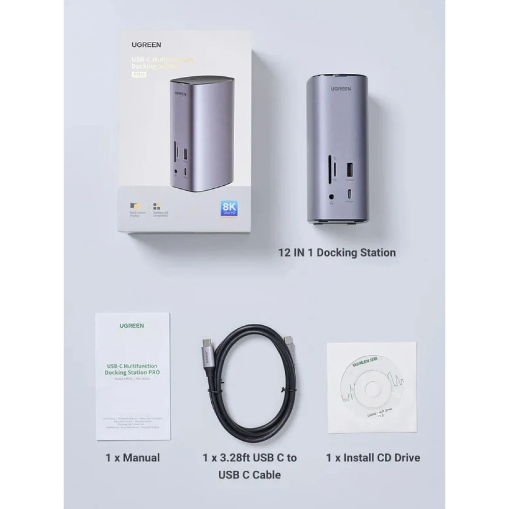 Докинг станция UGREEN CM555/90325 12в1 - 3xHDMI, DisplayPort, 3xUSB-A, USB-C, RJ45, SD, MicroSD (TF), AUX