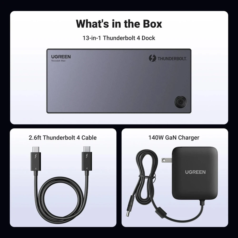 Докинг станция UGREEN U709/25085EU 13в1 - 2xThunderbolt, HDMI, DisplayPort, 2xUSB-C, 3xUSB-A, RJ45, SD, MicrosR (TF), AUX, DC