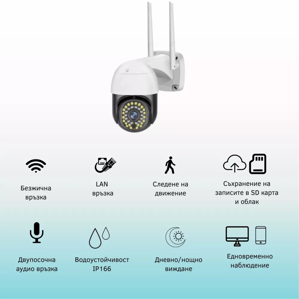 Външна WiFi камера с микрофон, нощно виждане и следене на движение, слот за SD карта, 18 бр.LED диоди + 18 бр. IR диоди, 2MP - C18 Pro