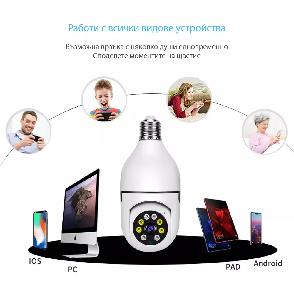 Вътрешна WiFi камера крушка с микрофон, нощно виждане и следене на движение, слот за SD карта, 3MP - Q16S-H