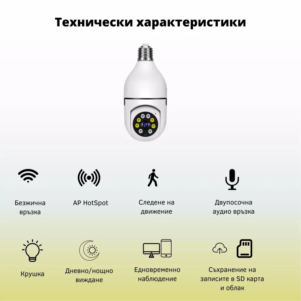 Вътрешна WiFi камера крушка с микрофон, нощно виждане и следене на движение, слот за SD карта, 3MP - Q16S-H