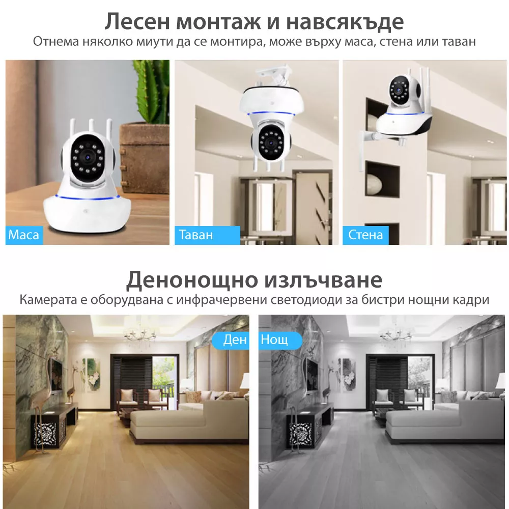 Вътрешна WiFi камера HD с микрофон, нощно виждане, слот за SD карта, 2MP - Q11X-F