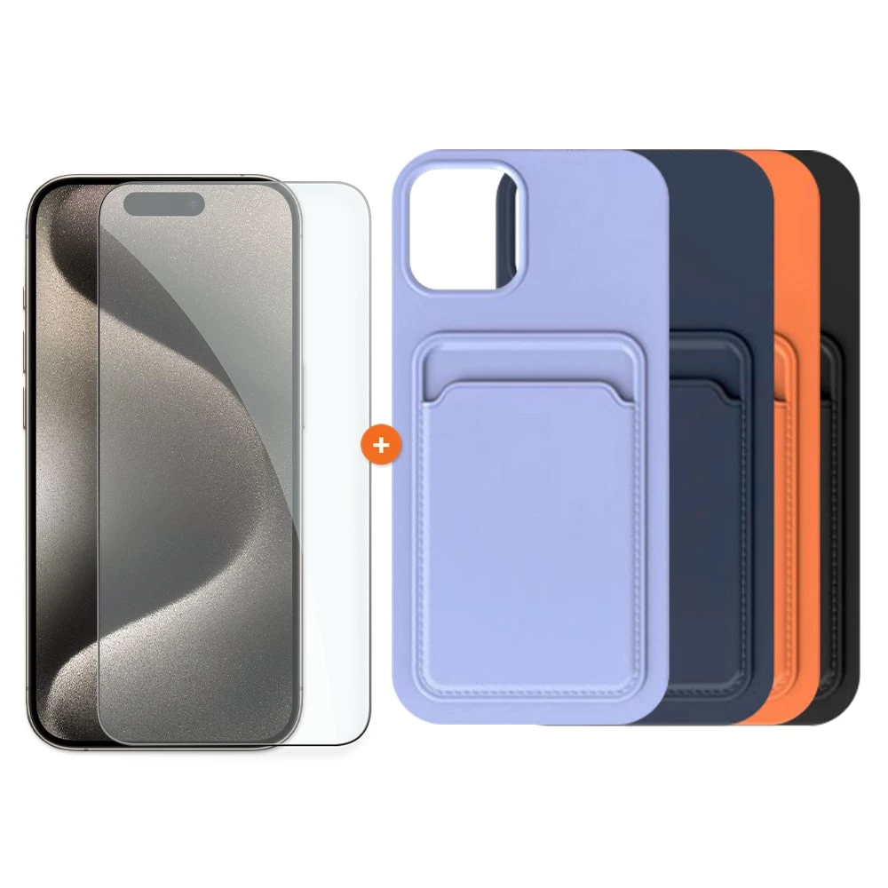  СЕТ Калъф XO с джоб за карти + Стъклен протектор 2.5D за Apple iPhone 15 Pro