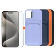  СЕТ Калъф XO с джоб за карти + Стъклен протектор 2.5D за Apple iPhone 15 Pro