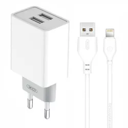 Зарядно устройство 220V XO - L65 12W, 2xUSB-A + кабел USB-A към Lightning