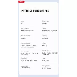 Външна батерия XO PR127 - 20 000 mAh, 20W PD, 22.5W QC