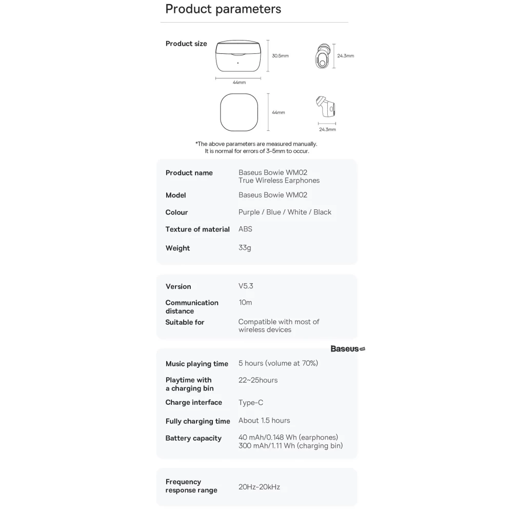 Слушалки BASEUS Bowie WM02 - (NGTW180302), TWS, с Bluetooth