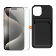  СЕТ Калъф XO с джоб за карти + Стъклен протектор 2.5D за Apple iPhone 15 Pro